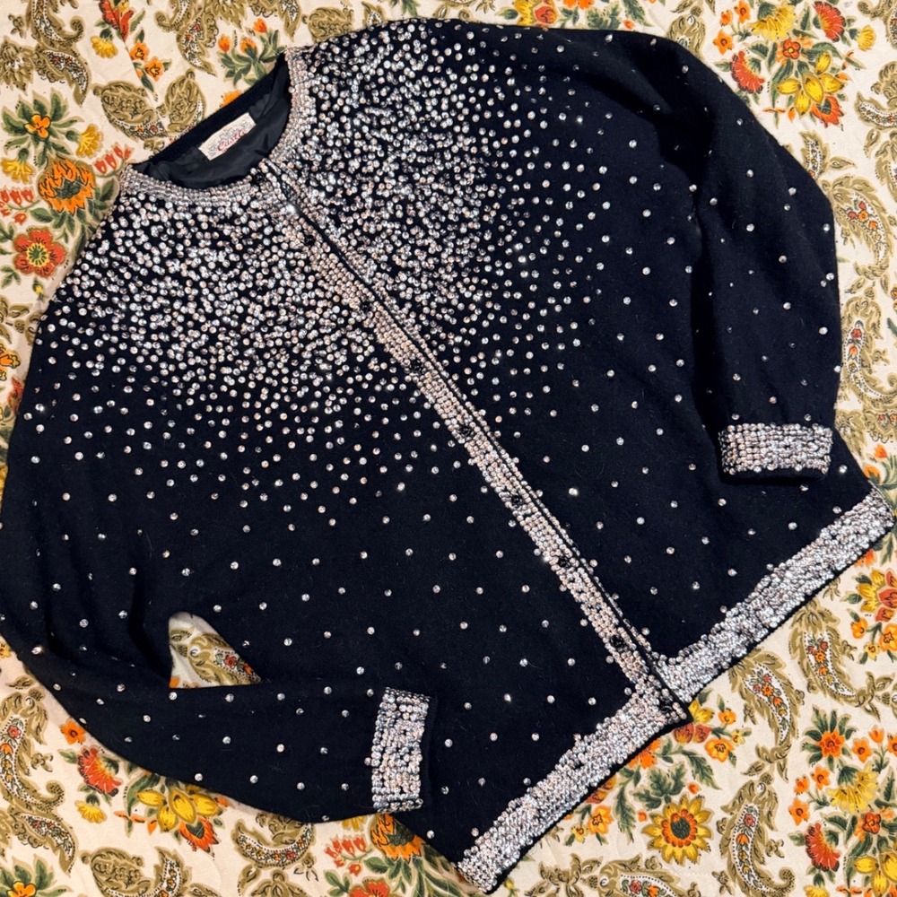 Vintage 1950s Castle Black Lambswool Angora Sequin Cardigan Sweater